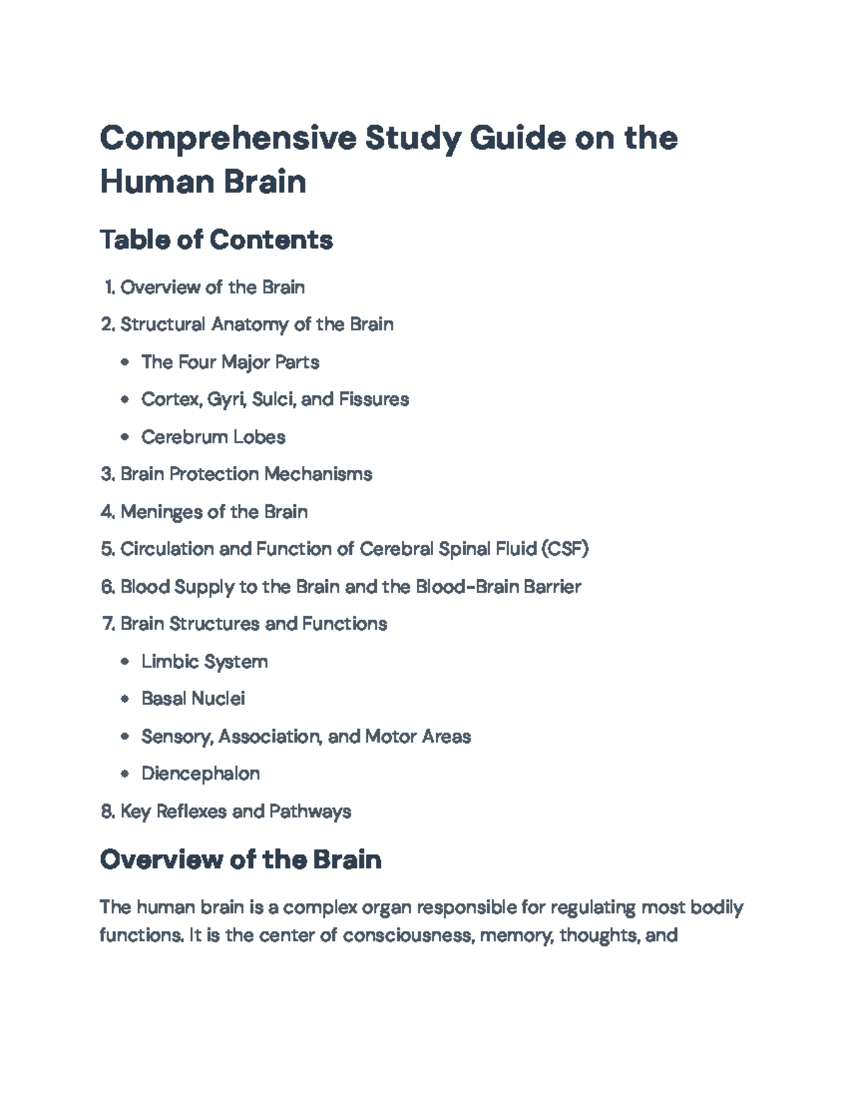 Comprehensive Study Guide: Human Brain Structure & Function (BIO101 ...