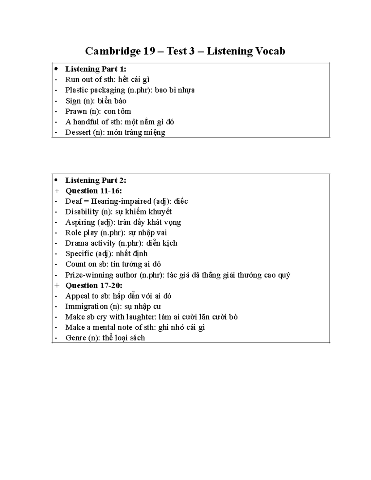 IELTS Listening Vocabulary Practice - Cambridge 19 Test 3 - Studocu