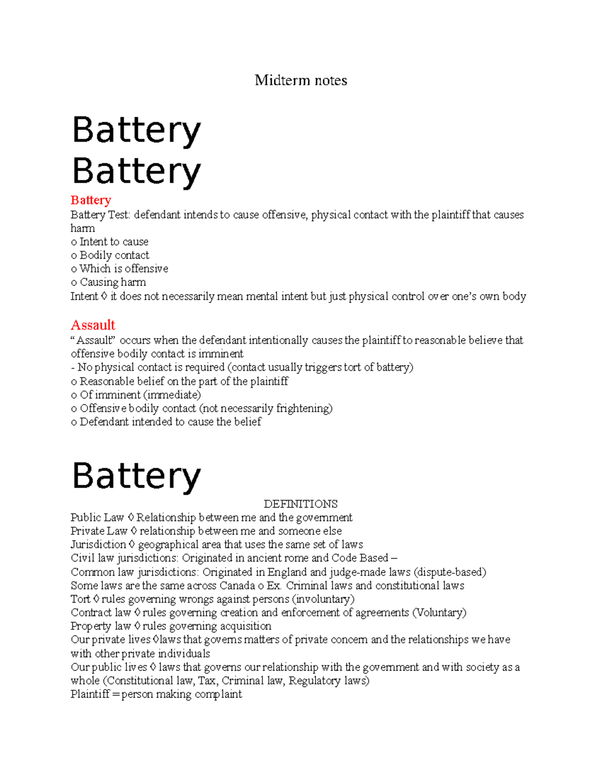 Midterm Notes on Tort Law and Battery - LAW 122 - Studocu