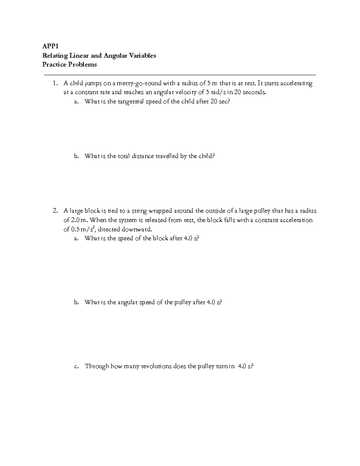 APP1: Linear and Angular Variables Practice Problems - Studocu