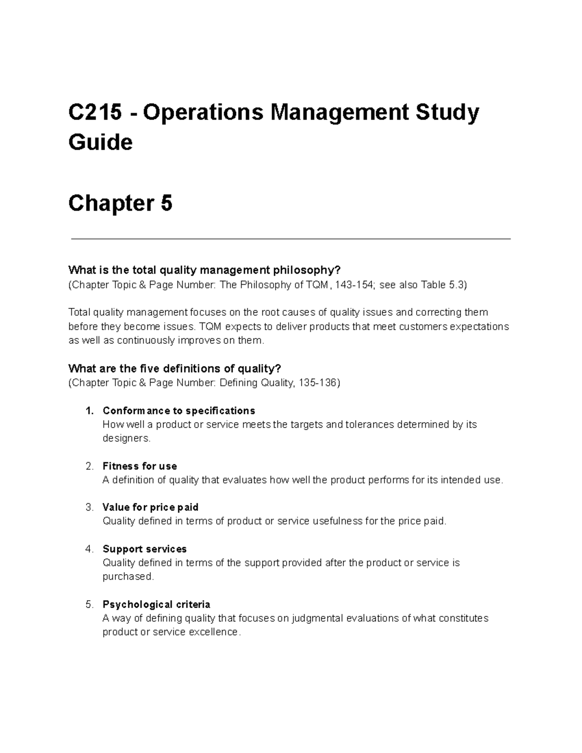 C215 Operations Management Study Guide: Total Quality Management ...