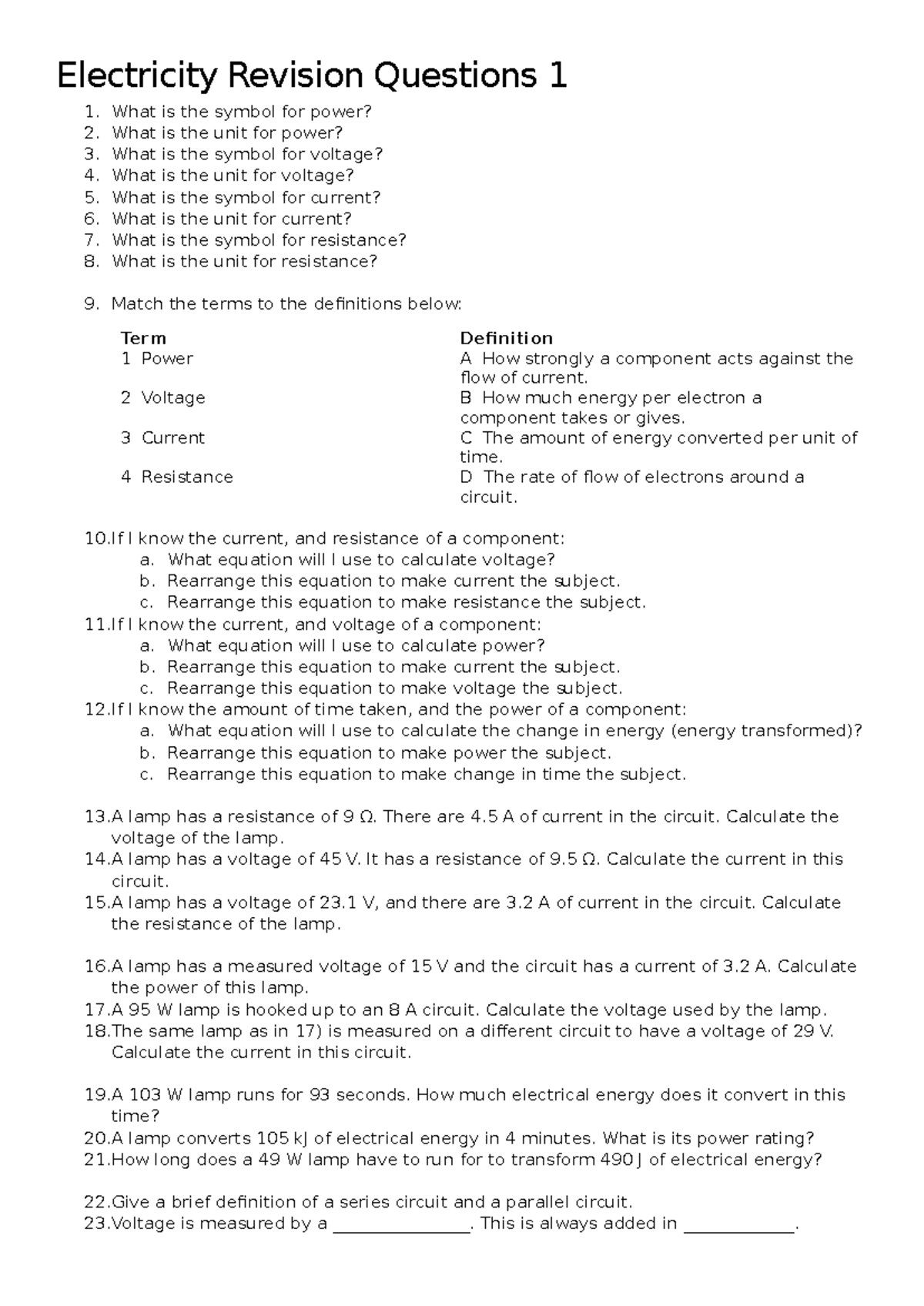 Electrical Energy Revision Questions for Course EE101 - Studocu