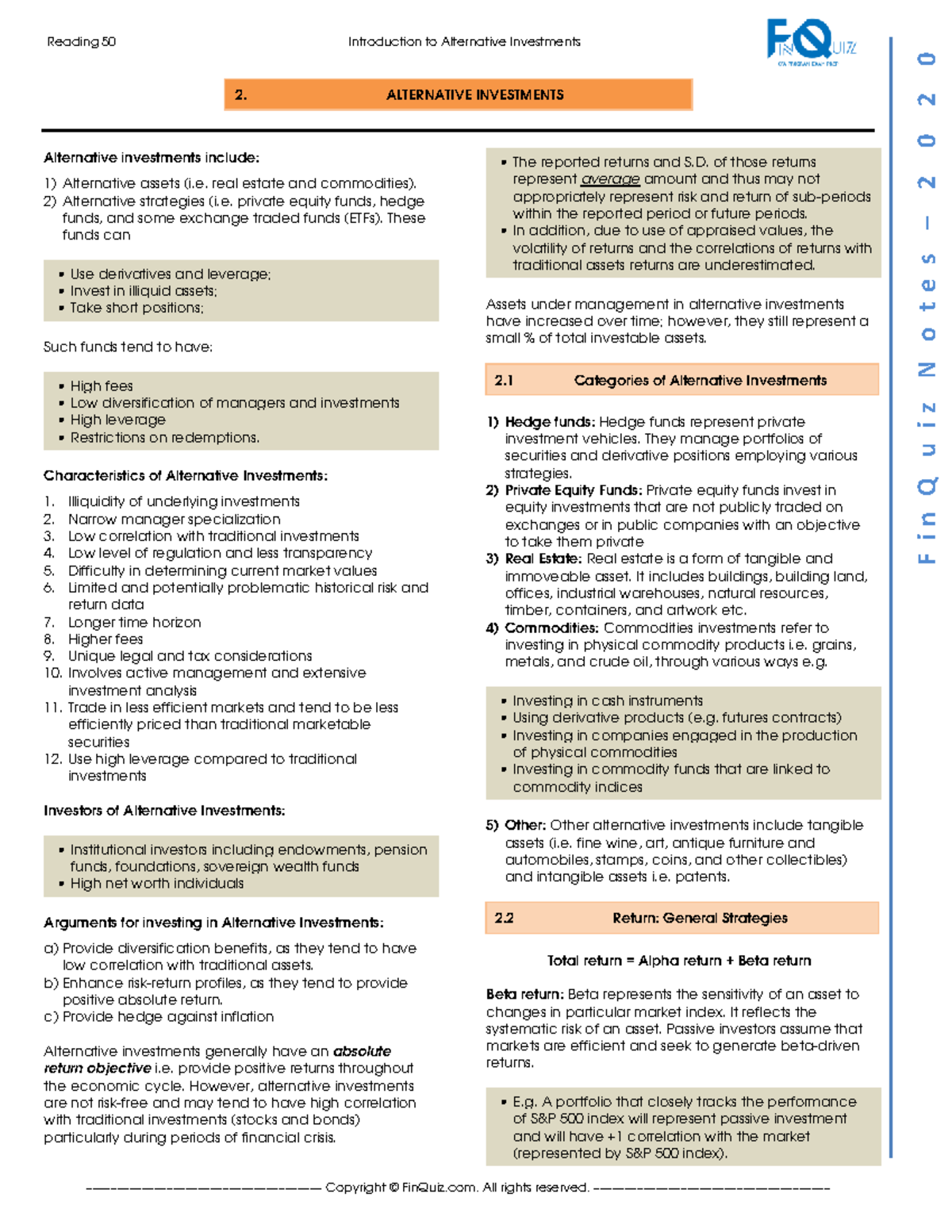 FinQuiz Study Notes for Alternative Investments (Reading 50) Studocu