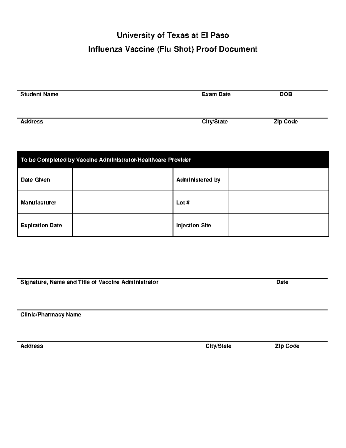 UTEPT Nursing: Flu Vaccine Proof & Physical Exam Form - Studocu