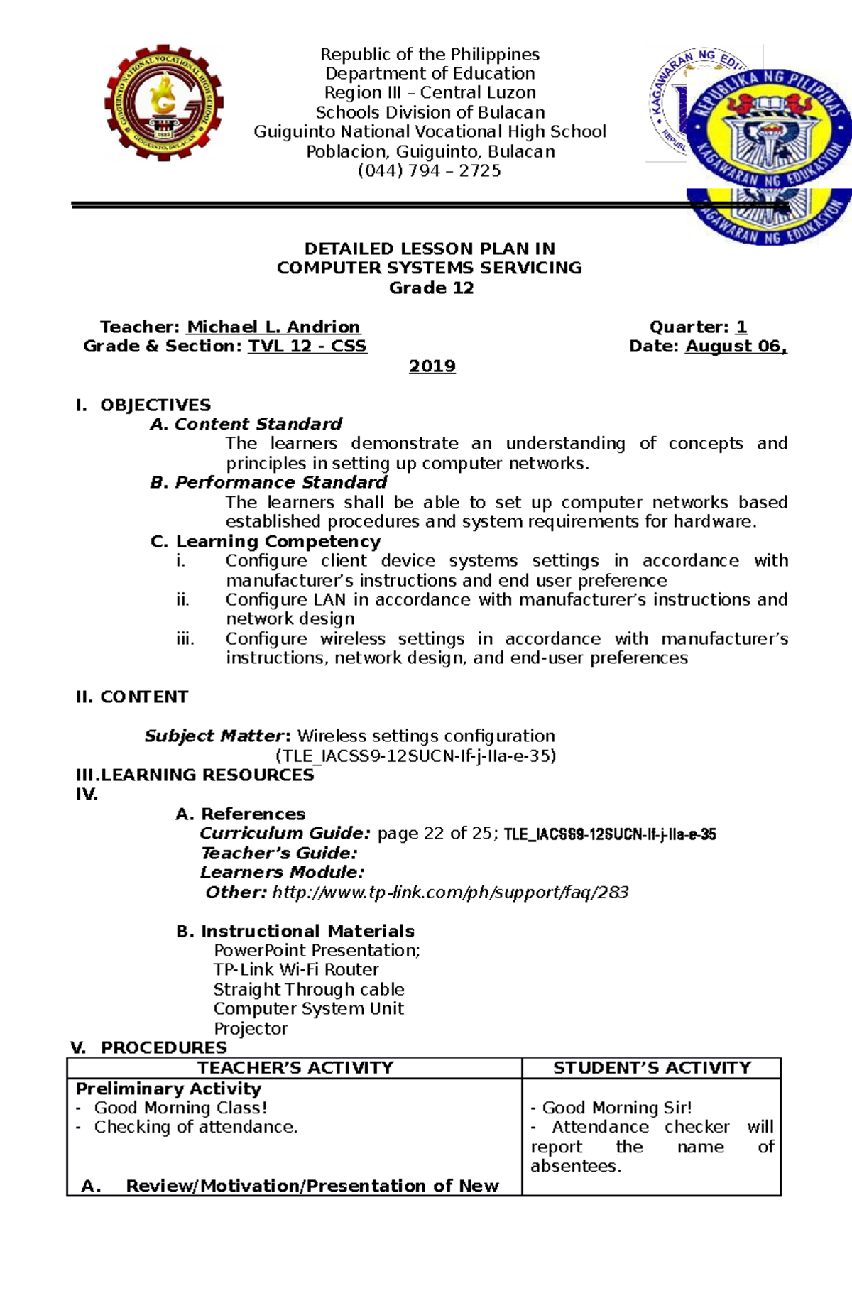 Detailed Lesson Plan for Computer Networking (TVL 12 - CSS) - Studocu