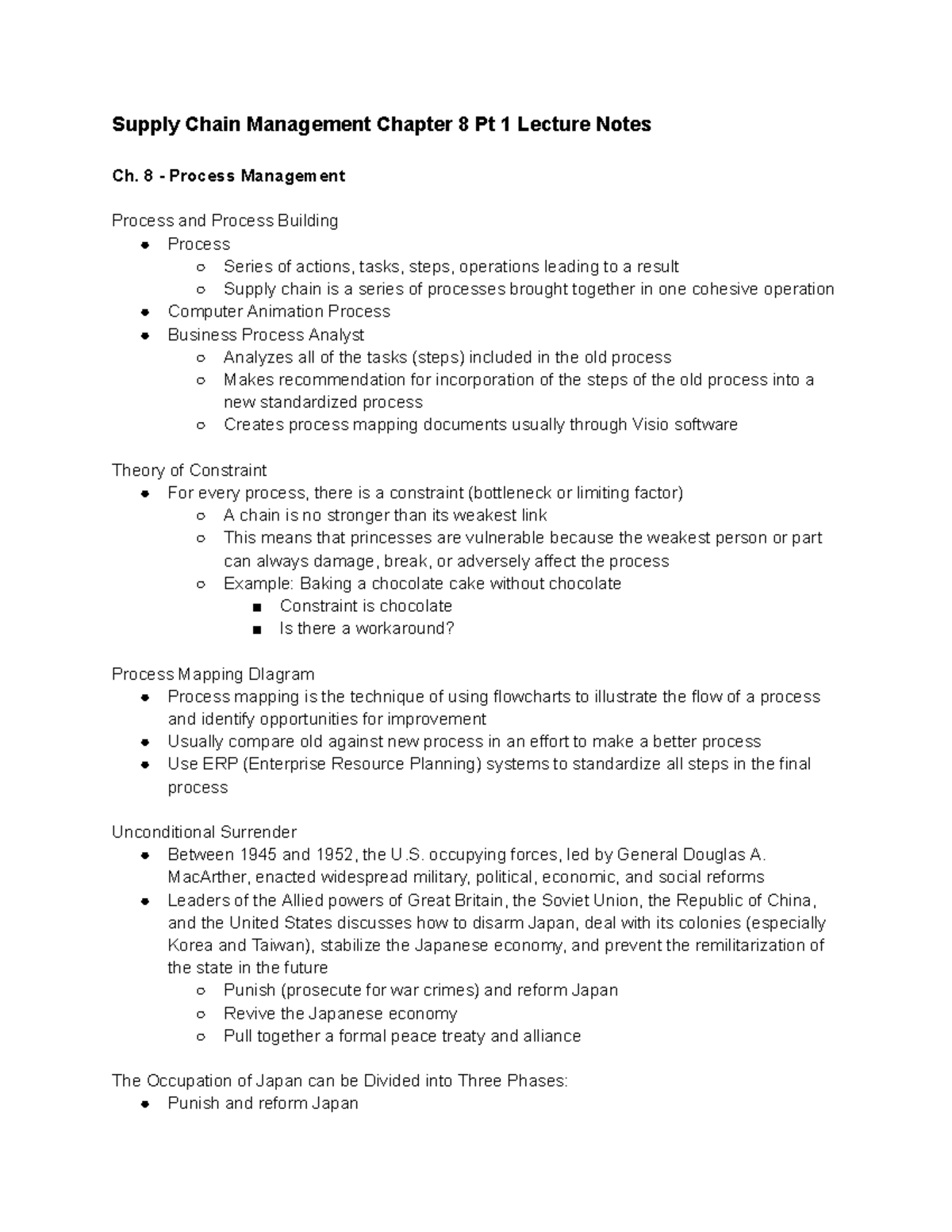 Supply Chain Management Chapter 8 Process Management Lecture Notes ...