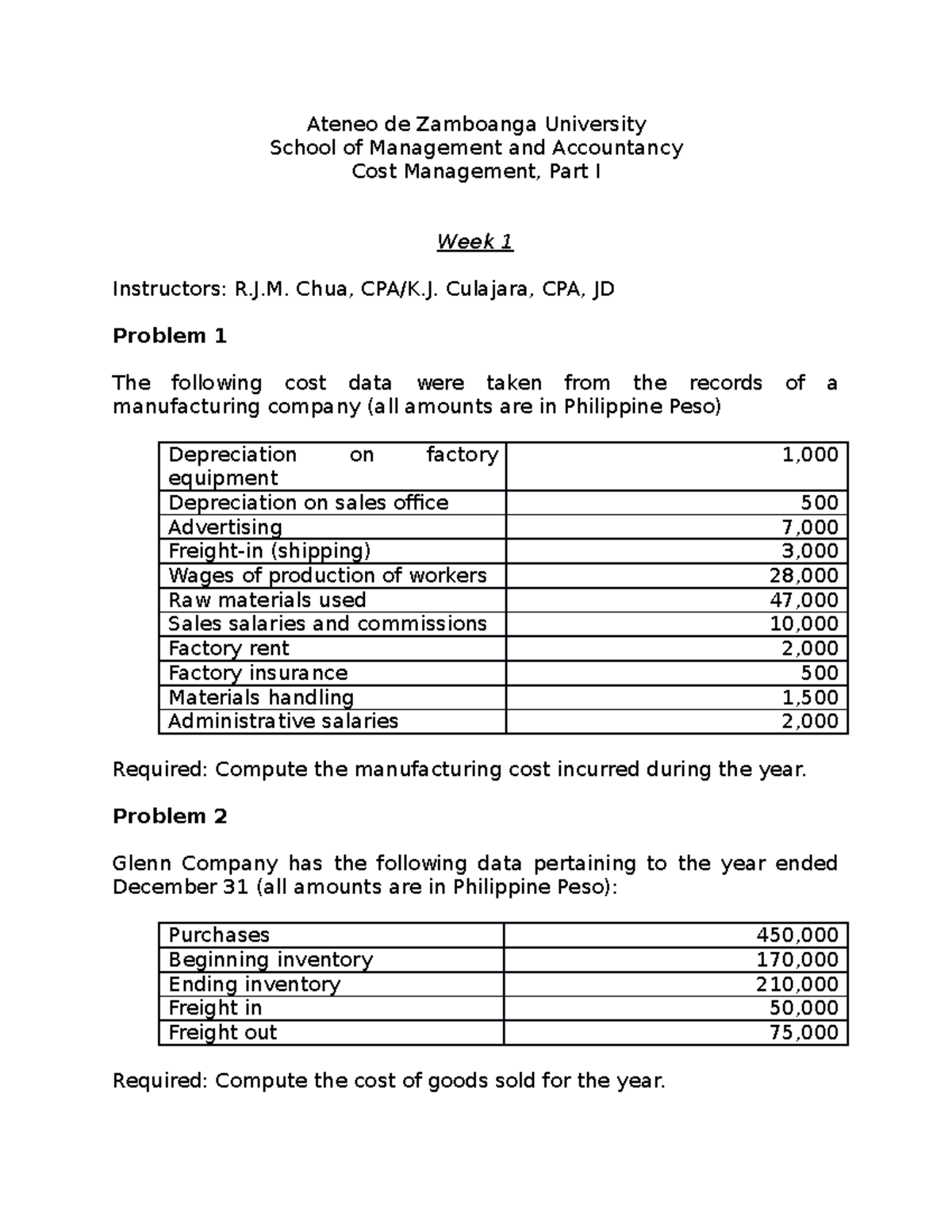 Week 1 Activity Cost Classification and Behavior - Ateneo de Zamboanga ...