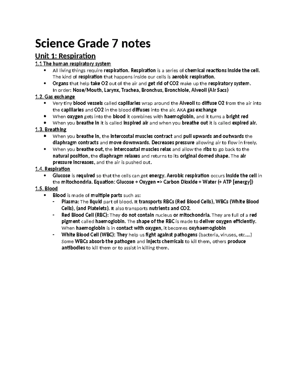 Science G7 - asd - Science Grade 7 notes Unit 1: Respiration 1 The ...