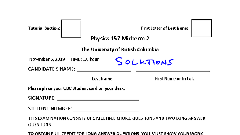 Physics 157 MT2 Solutions - UBC November 2019 - Studocu