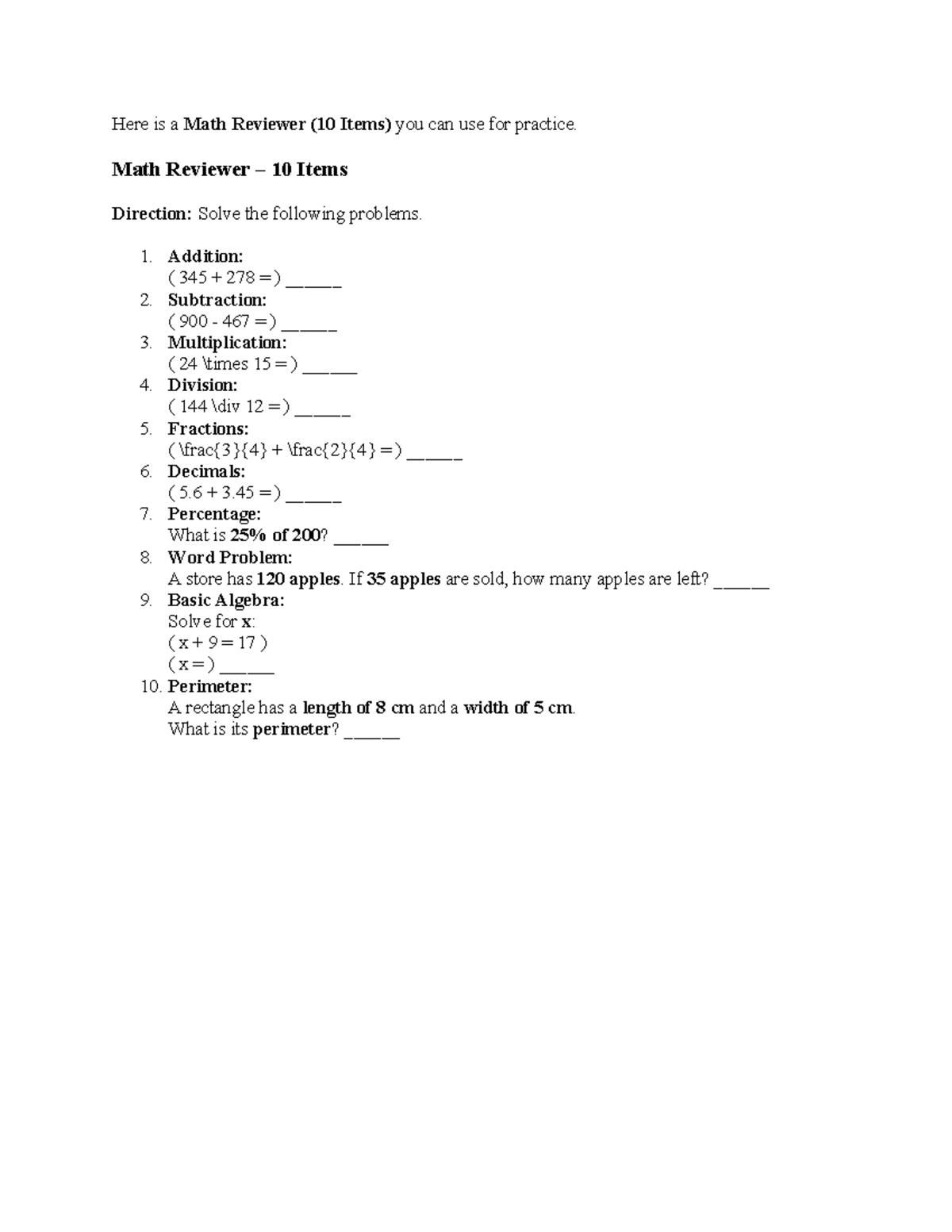 Math Reviewer (10 Items) for Practice and Mastery - Studocu