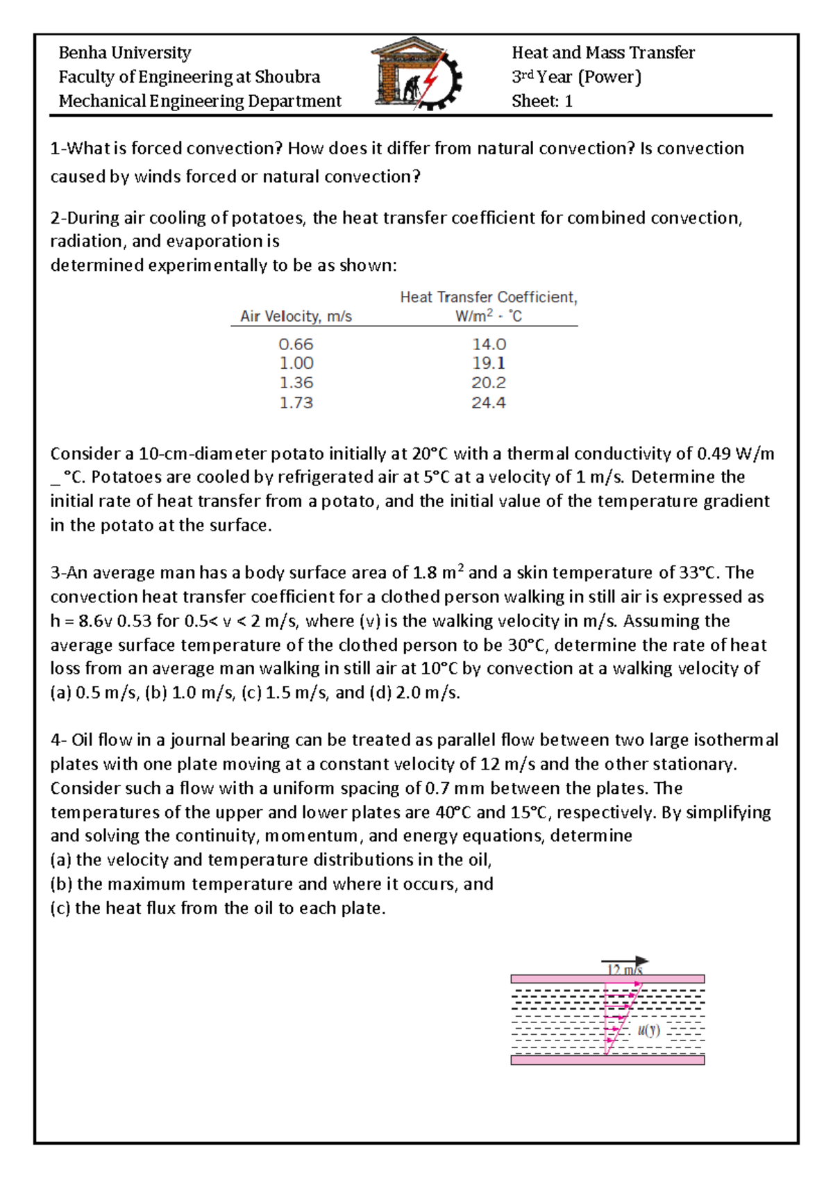 Heat Transfer Questions and Problems - ME 301 Sheet 1 - Studocu