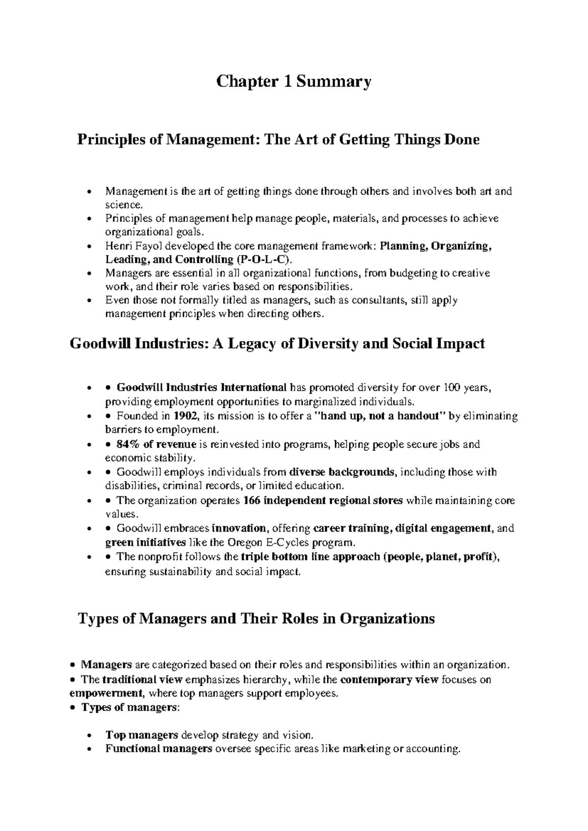 Principles of Business Management (BUS 101) Chapter 1 Overview and ...