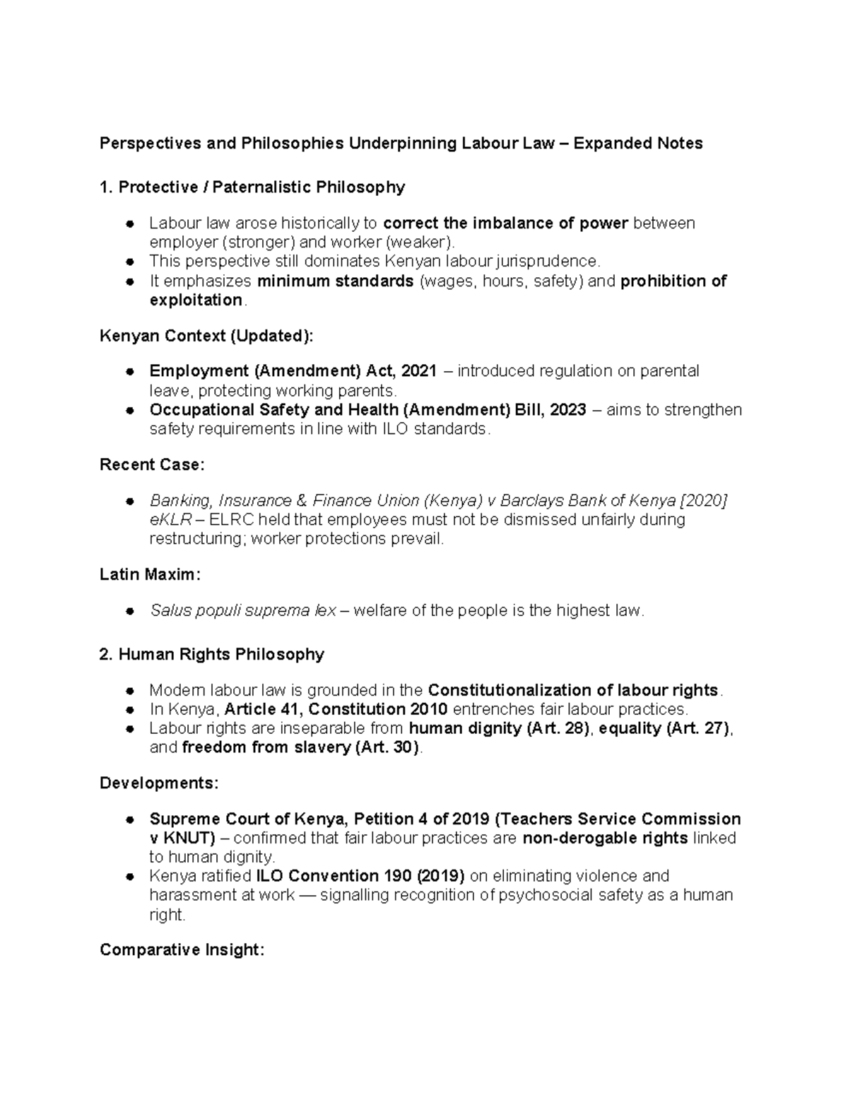 Perspectives on Labour Law Philosophies: Expanded Notes (LAW 101) - Studocu
