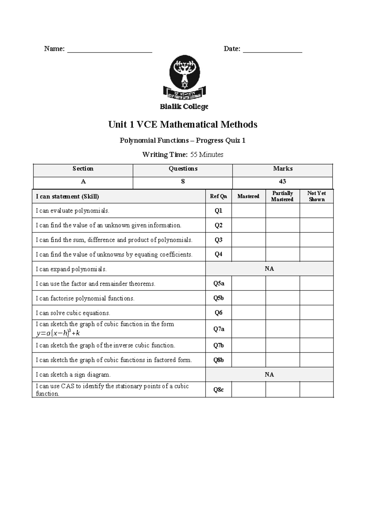 VCE Mathematical Methods: Polynomial Functions Progress Quiz 1 - Studocu