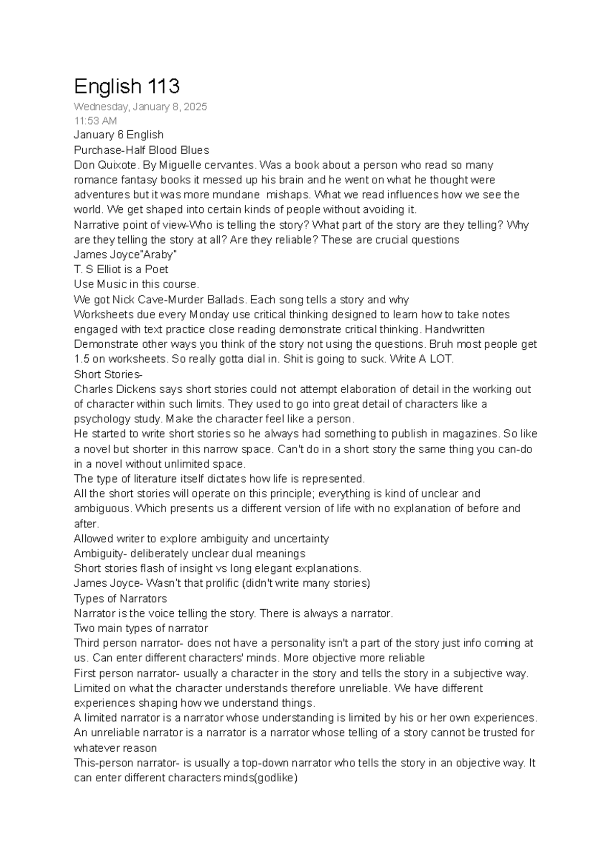 English 113 - Lecture Notes on Narrative Techniques and Short Stories ...