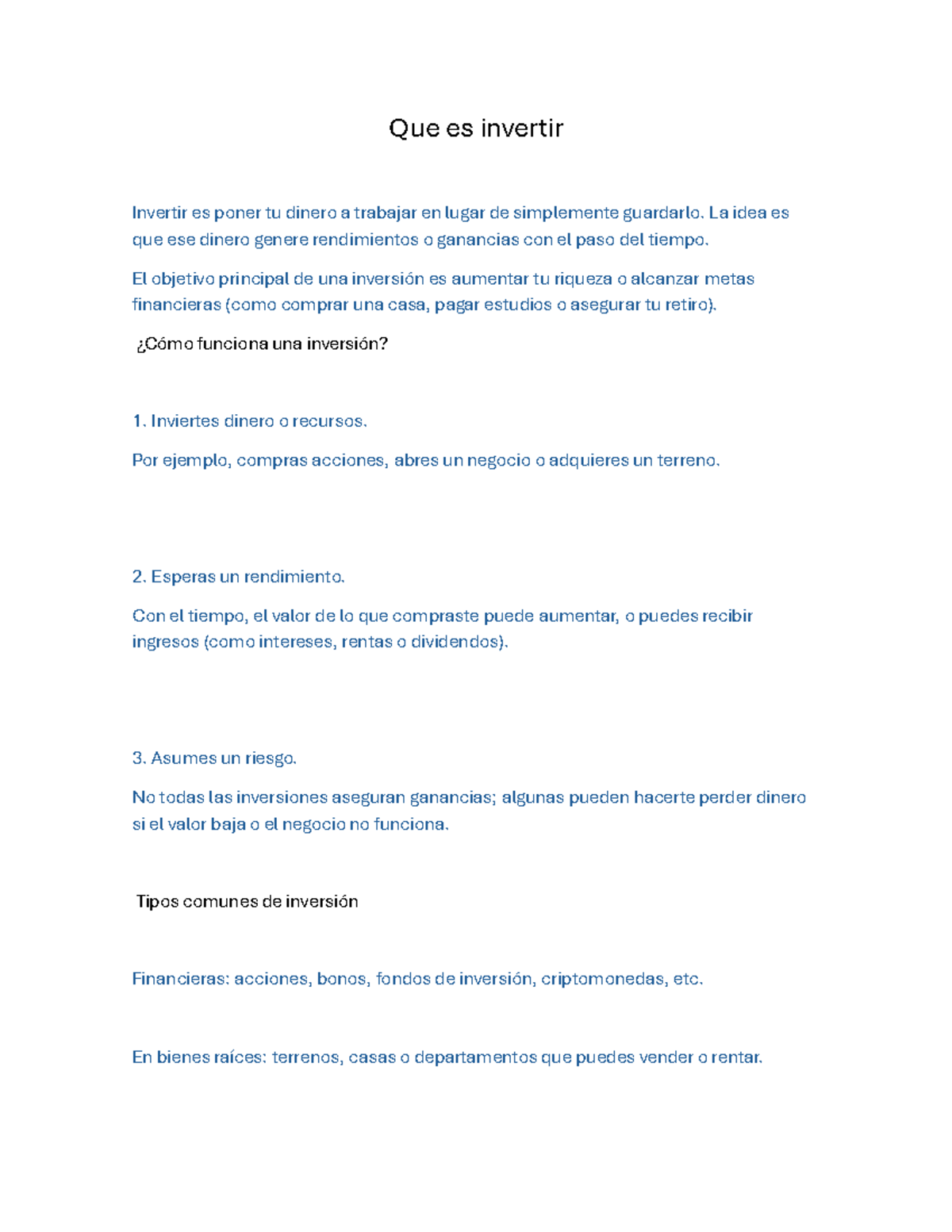 Guía sobre Inversiones: Conceptos y Tipos Comunes - Studocu