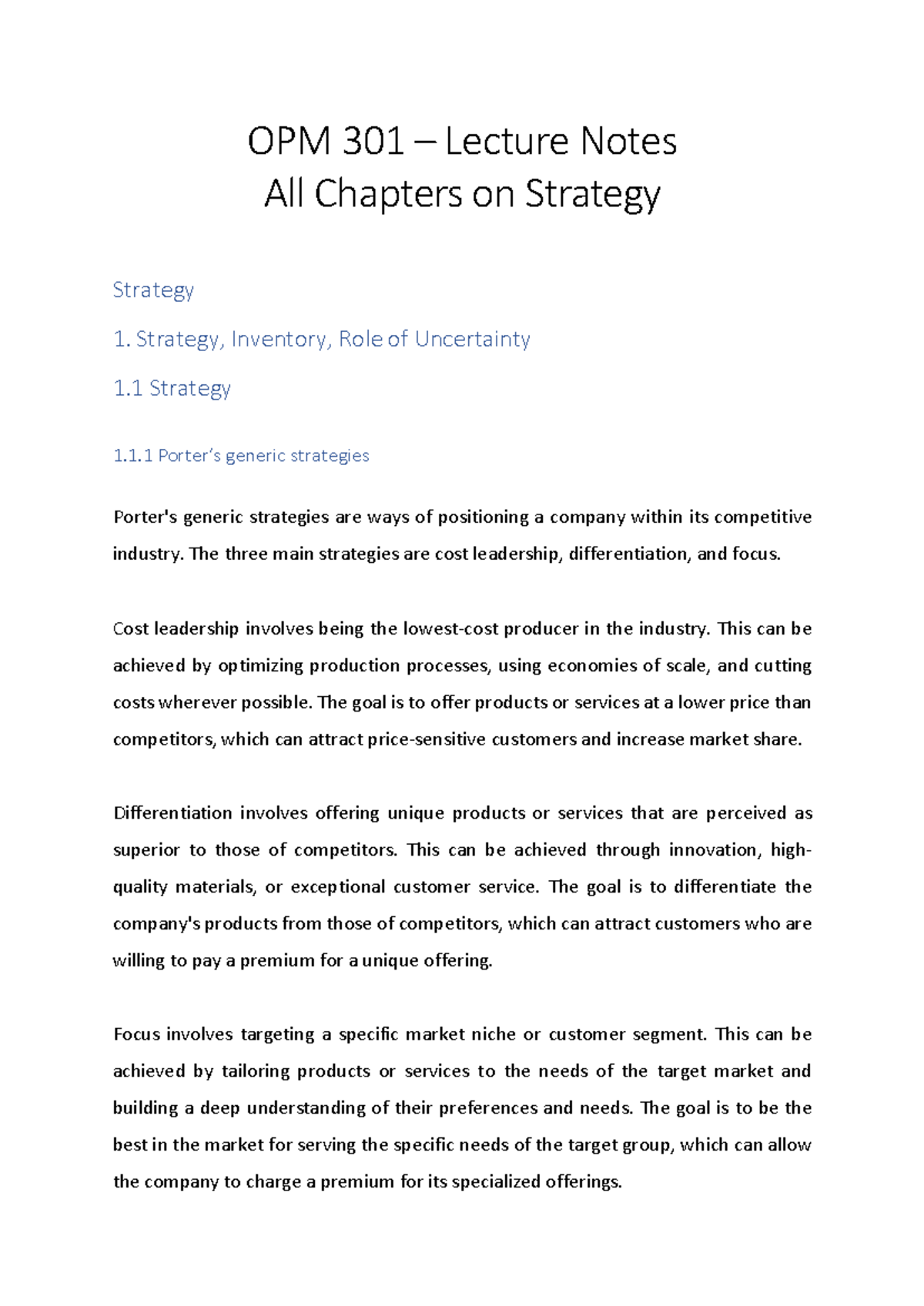 OPM 301 - Strategy Lecture Notes - OPM 301 – Lecture Notes All Chapters ...