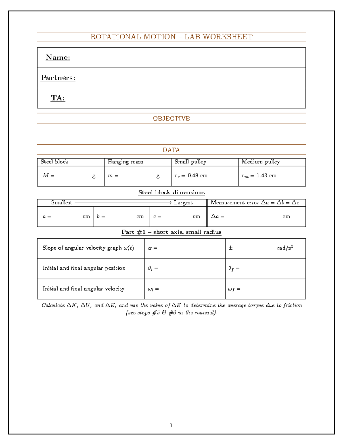 PHY122 Rotational Motion Lab Worksheet and Data Analysis - Studocu