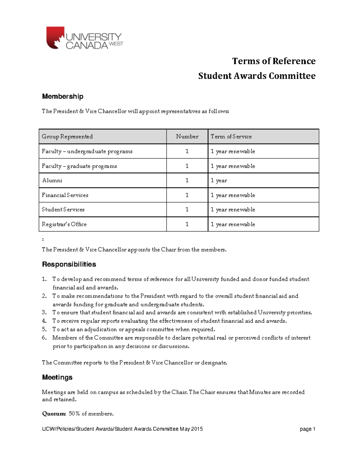 UCW Student Awards Committee Terms of Reference (May 2015) - Studocu