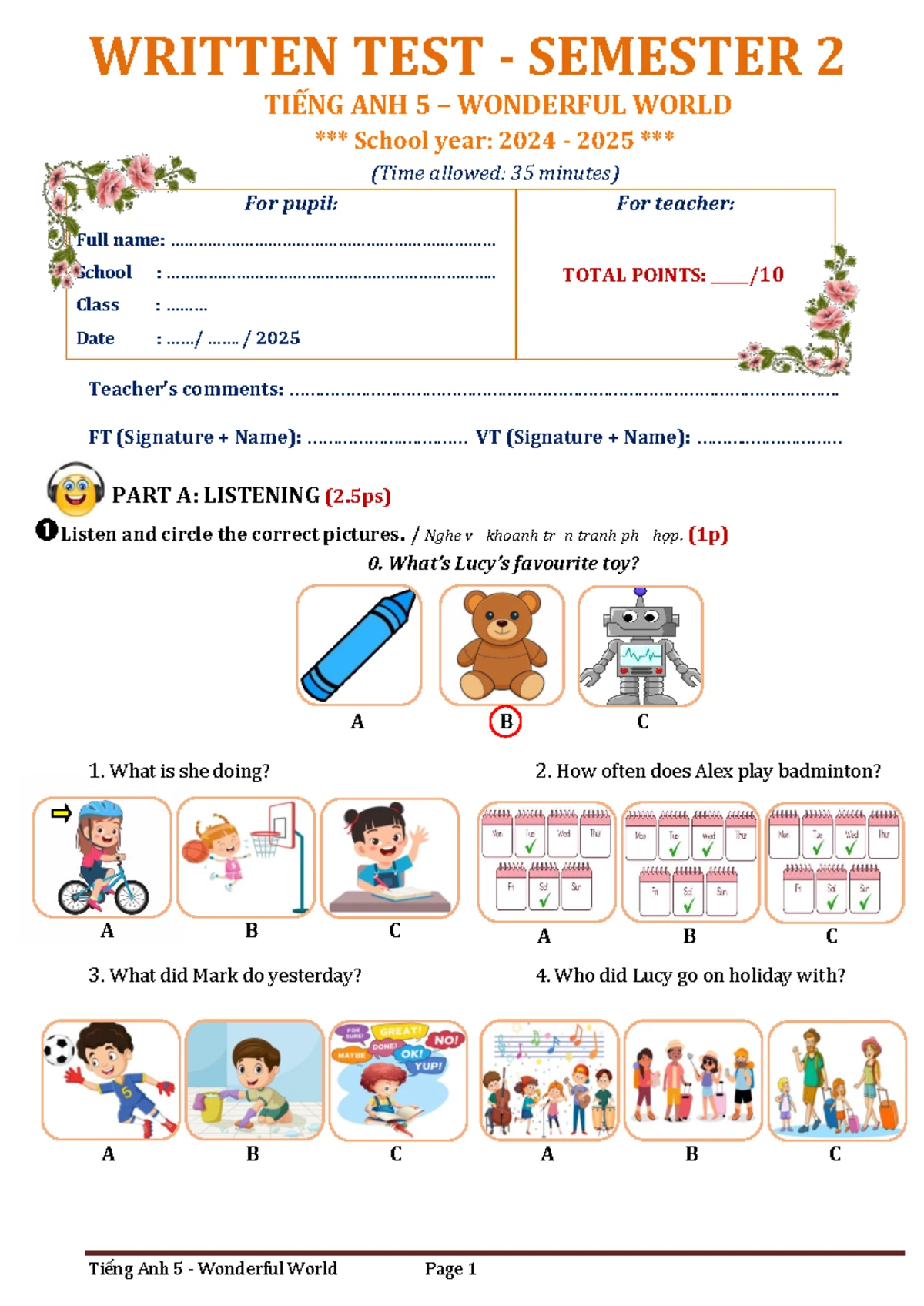 TA 5 WW - Final Test - Semester 2 - Listening & Reading Components ...