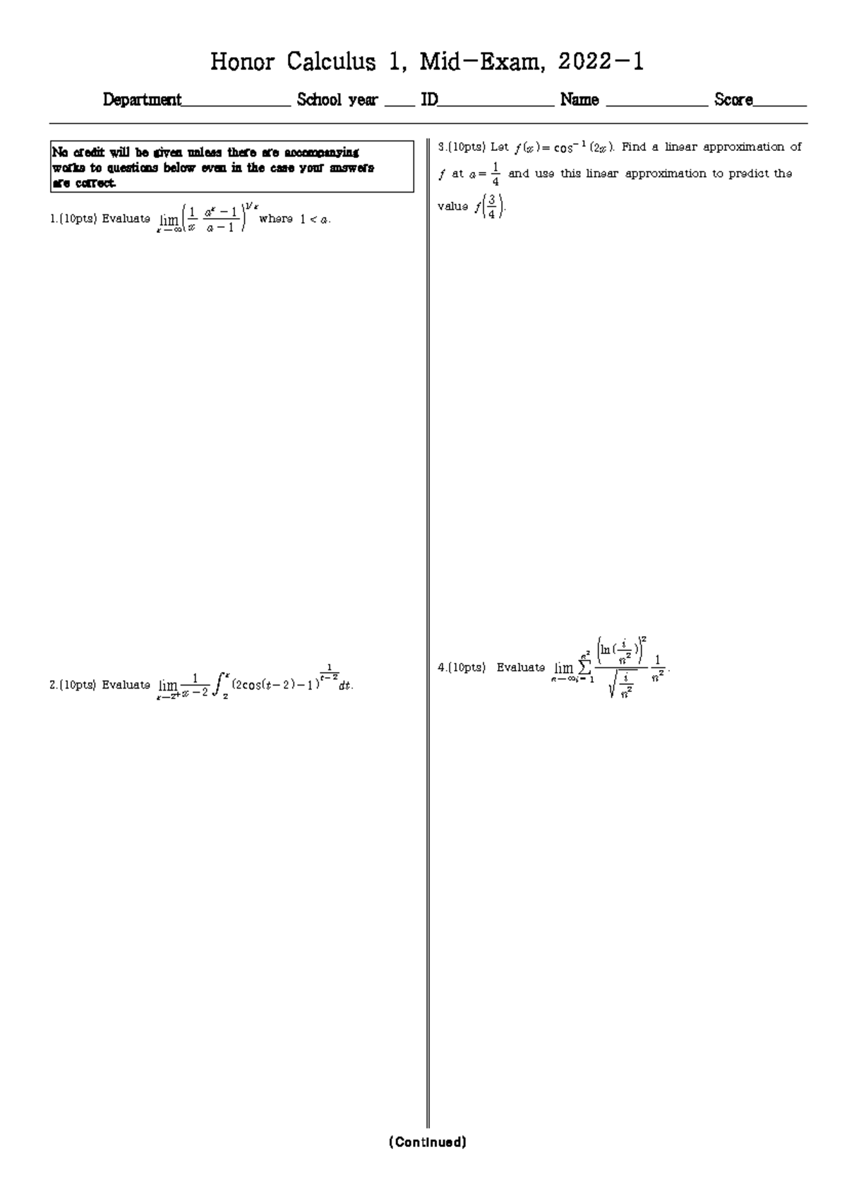 Hcal1 Midterm Exam 2022: Calculus 1 Evaluation Questions - Studocu
