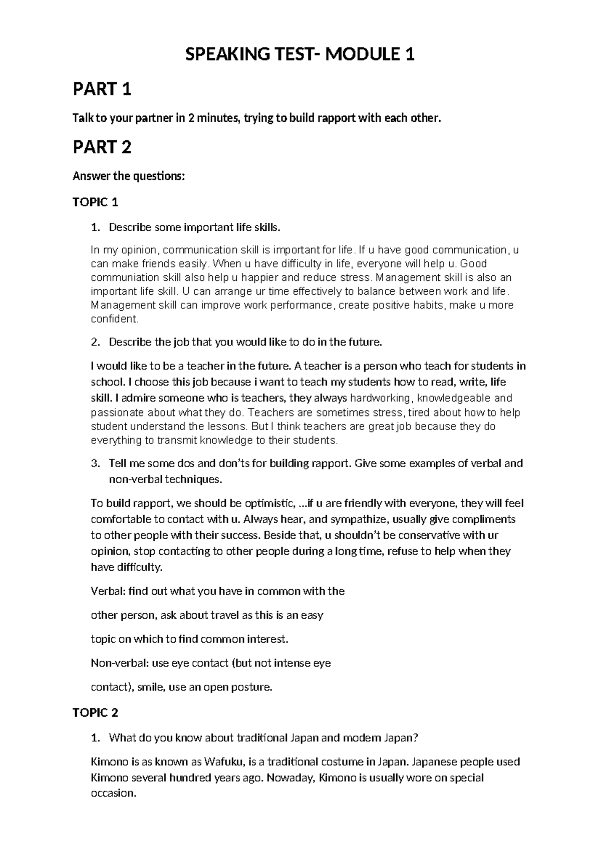 Speaking Topics - tdủydtyysthhxdh - SPEAKING TEST- MODULE 1 PART 1 Talk ...