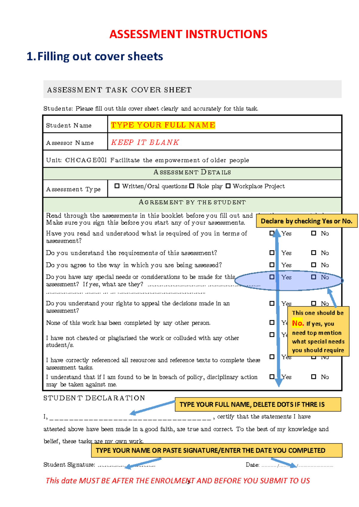 CHCAGE001 Assessment Instructions and Cover Sheet Guidelines - Studocu