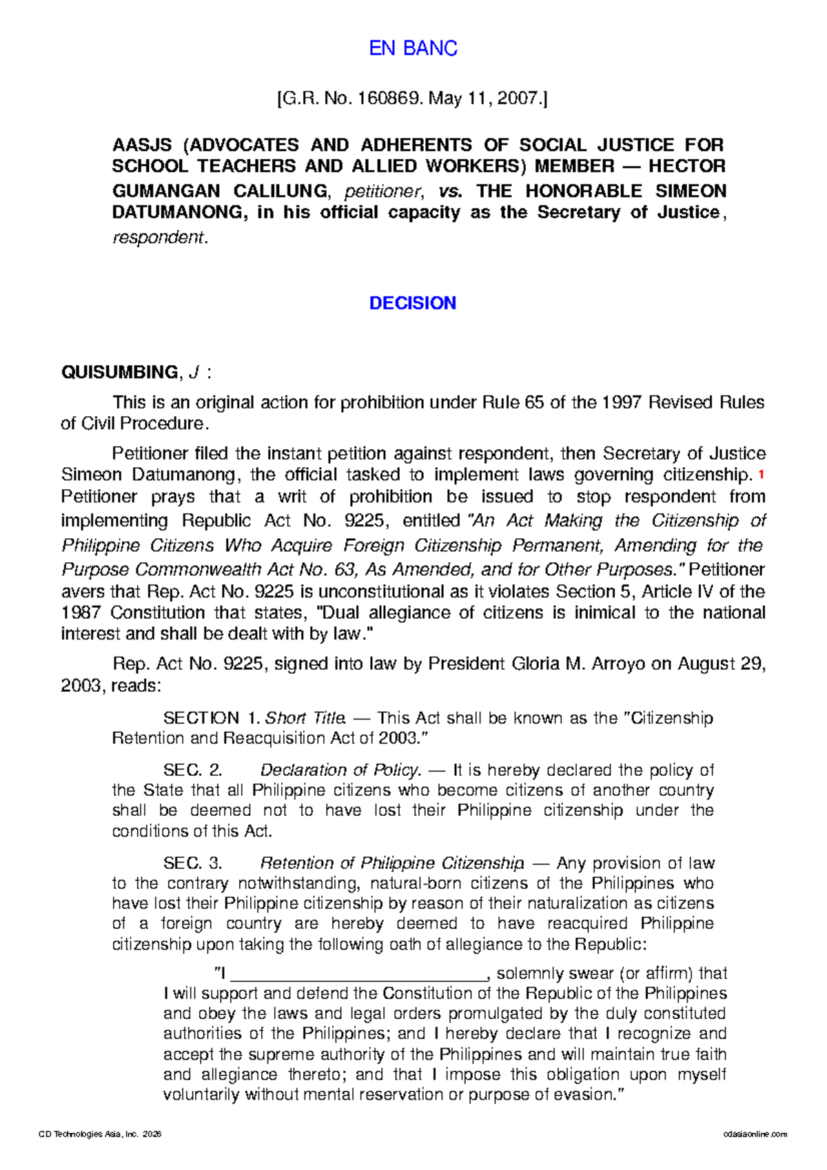 EN BANC No. 160869: Calilung vs. Datumanong - Prohibition Decision on ...