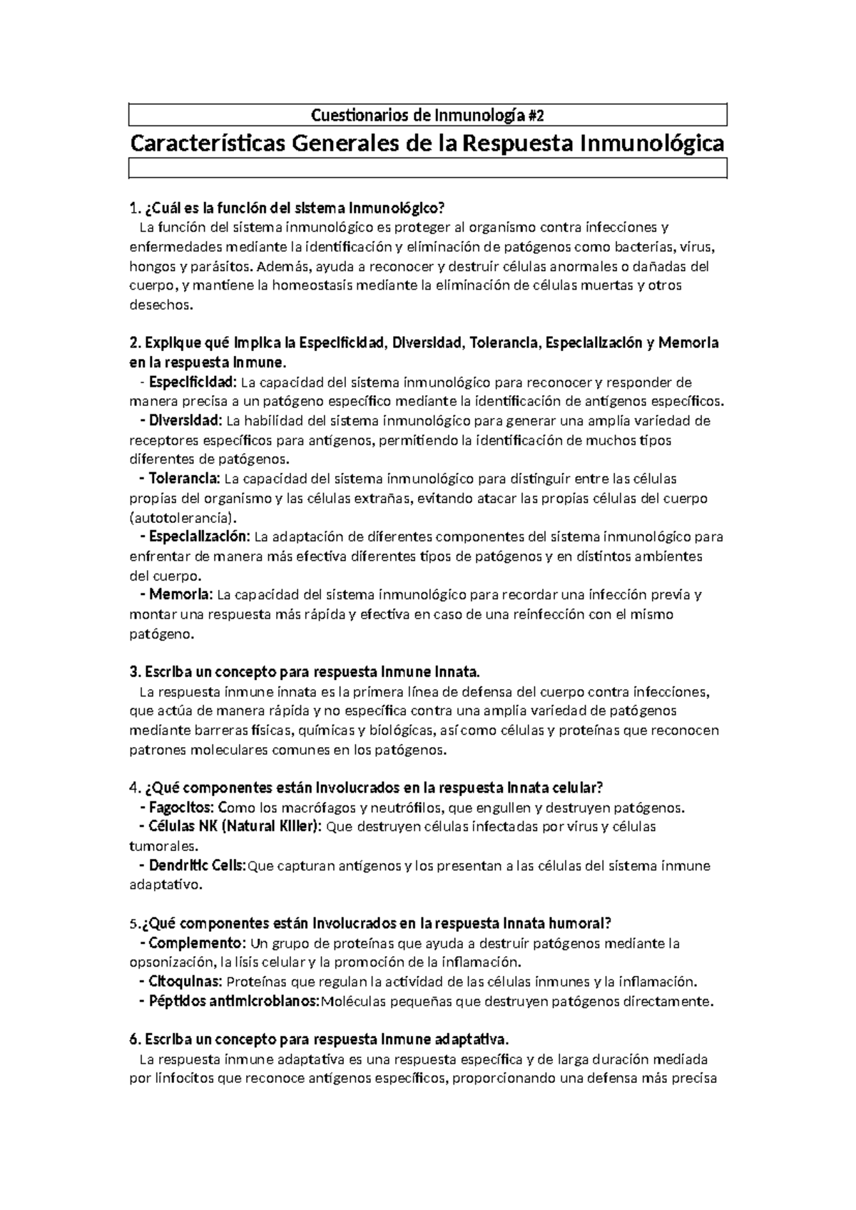 Cuestionarios de Inmunología: Respuestas y Definiciones Clave - Document Preview