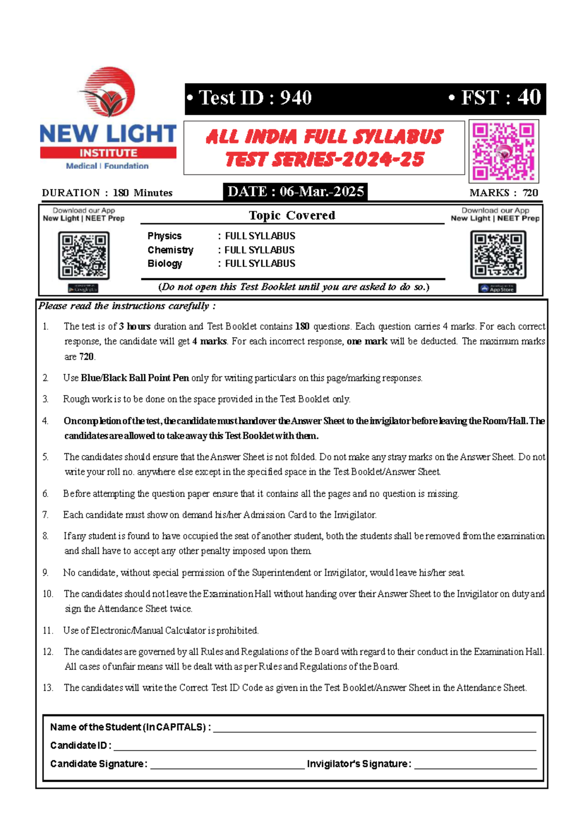 FST-40 Final Exam Paper (Physics, Chemistry, Biology) - 06-Mar-2025 ...
