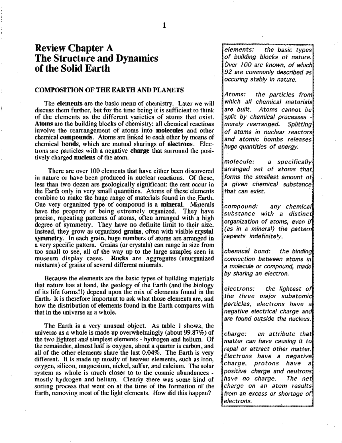 01 - Earth review chapter-1 - 1 Review Chapter A elements: the basic ...