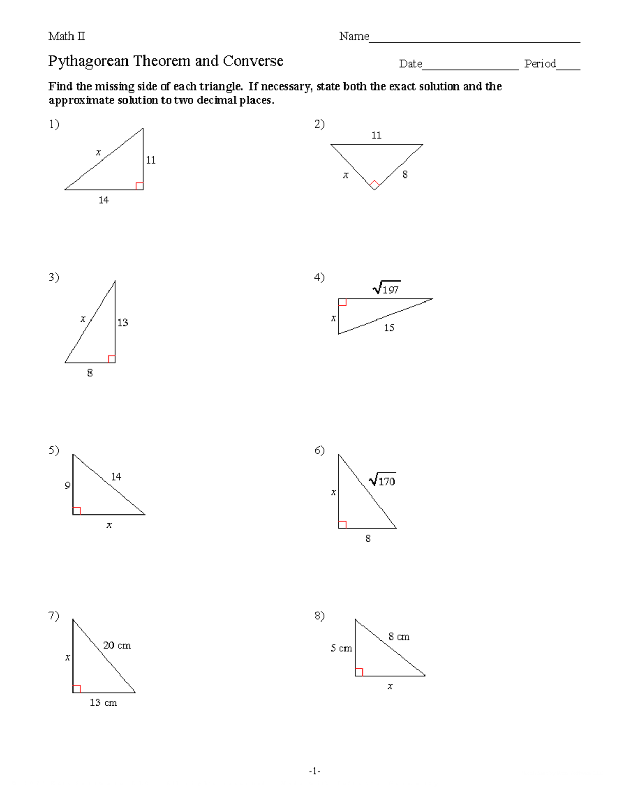 Math II Pythagorean Theorem and Converse - ©l R 2 Z 0 _ 2 v 5 t K[u ...
