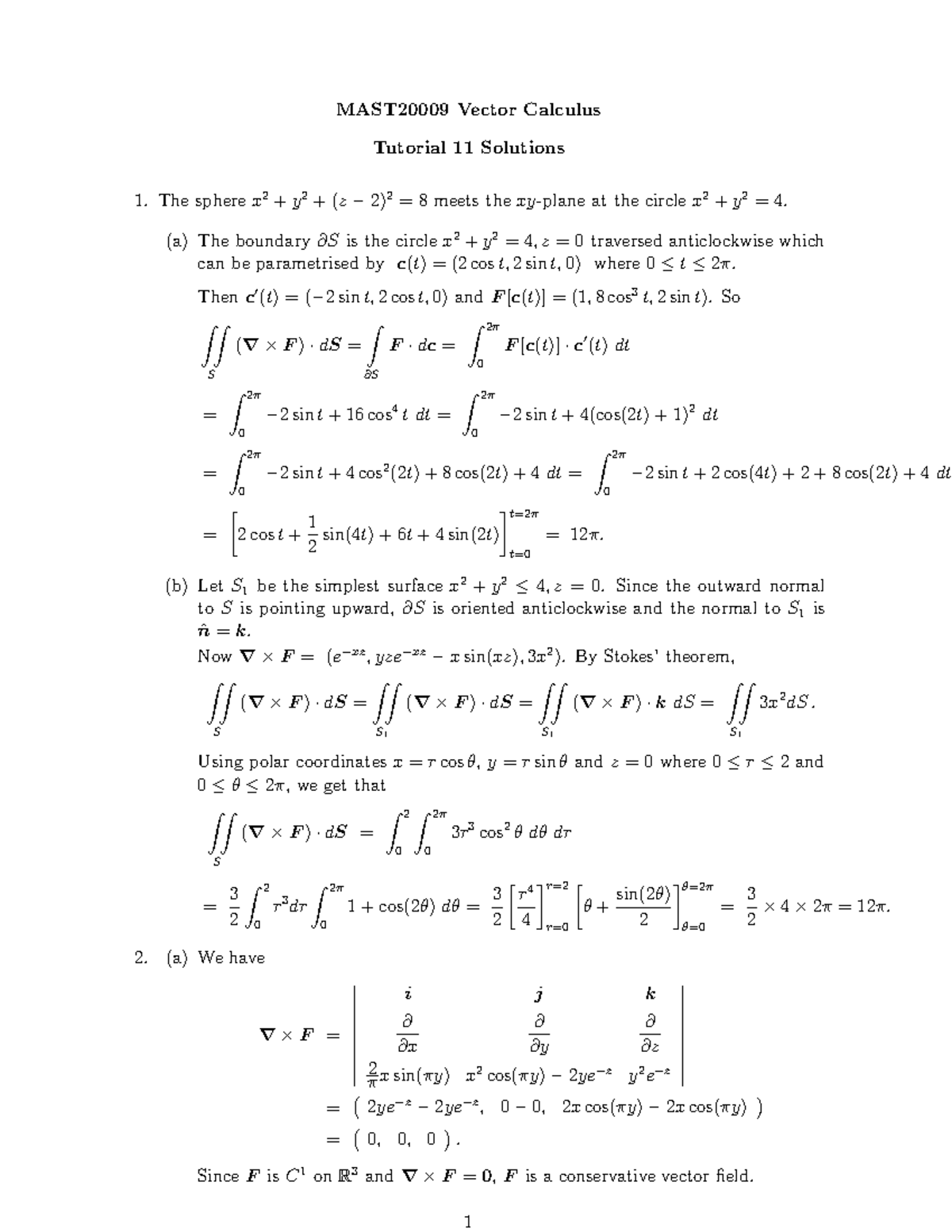 MAST2000 S1 Tutorial 11 Solutions: Vector Calculus Problems - Studocu