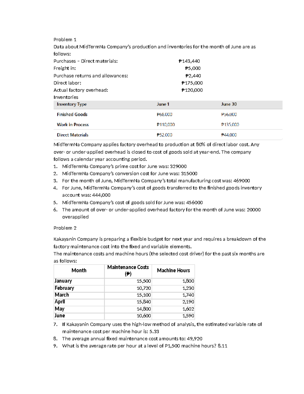 Chapter 4 and 5 - Sample Problems and Answers to Management Accounting ...