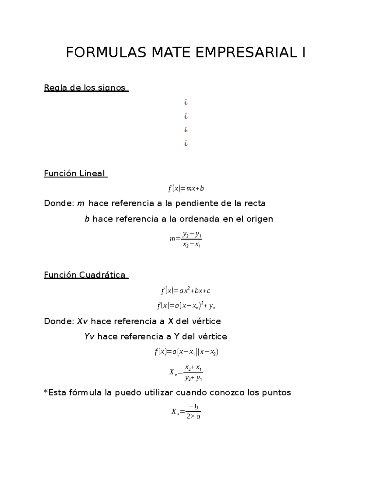FORMULAS MATE EMPRESARIAL I - Apuntes de Clase sobre Funciones - Studocu