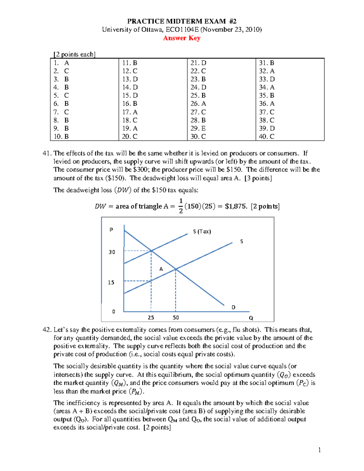 Practice Midterm 2 Answer Key for ECO1104 - University of Ottawa - Studocu