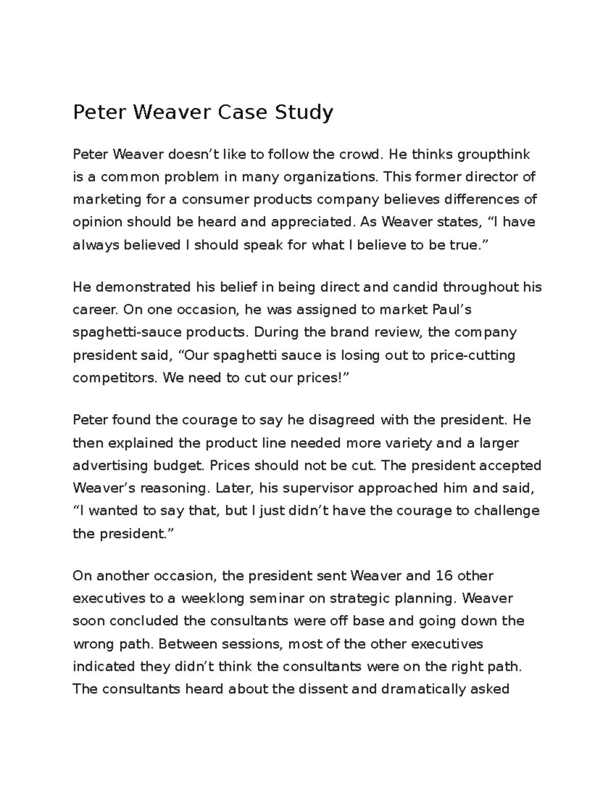 Assignment 3 - Peter Weaver Case Study Analysis - Studocu