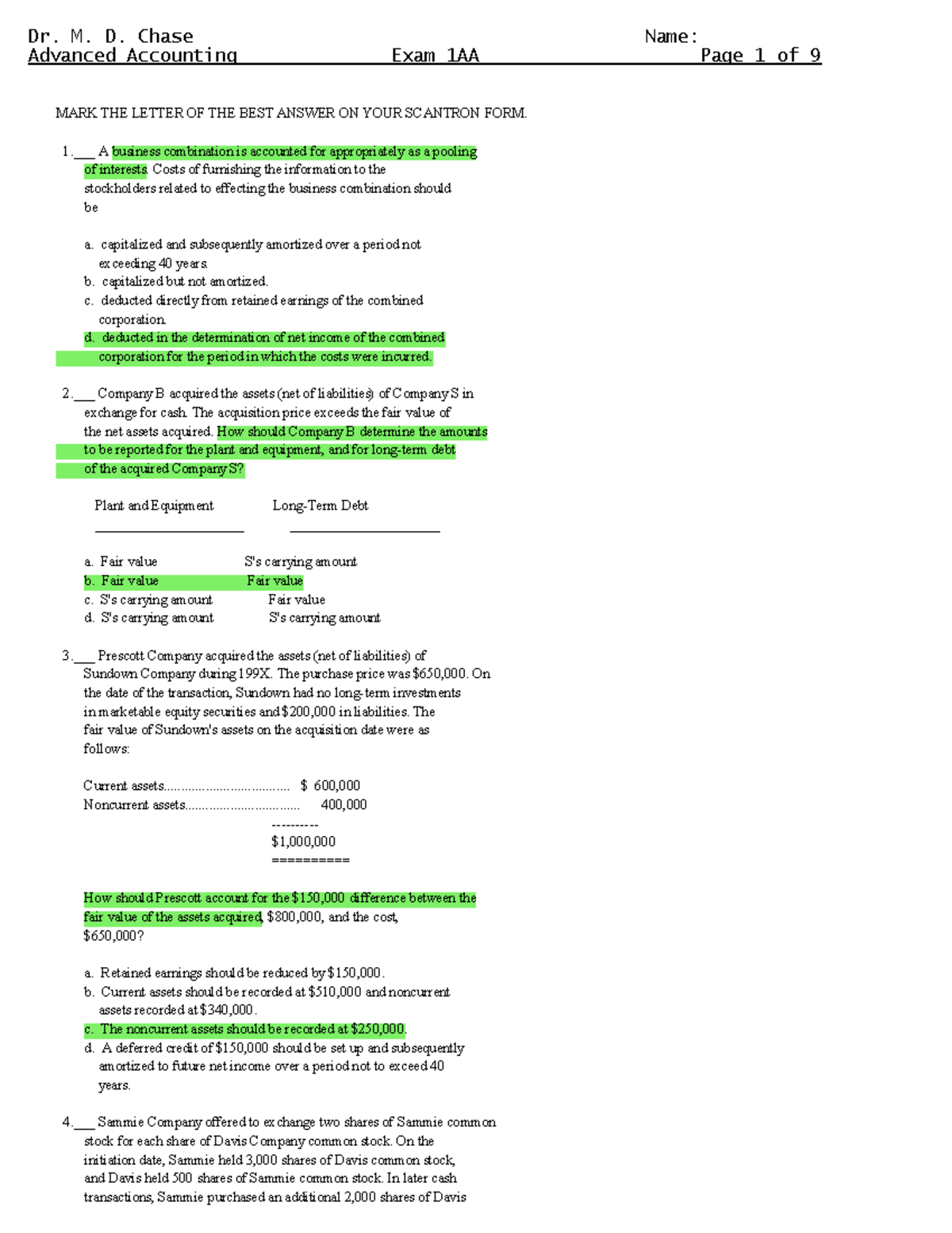 Advanced Accounting Final Exam 1AA - Sample Questions and Solutions ...