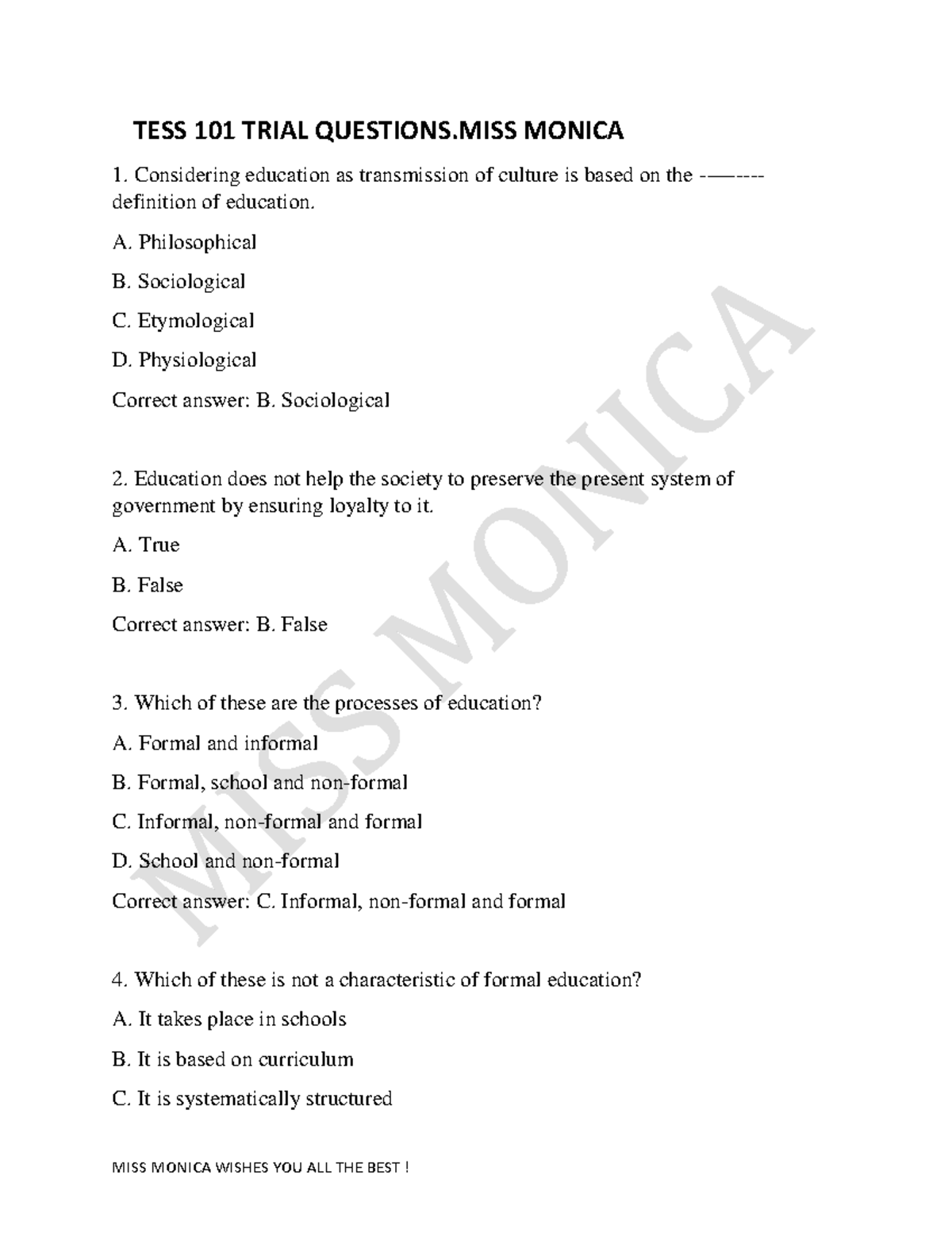 TESS 101 Trial Exam Questions for Miss Monica - Studocu