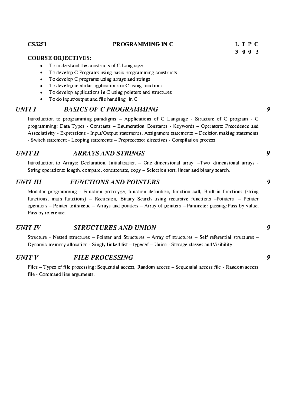 UNIT I - Basics OF C Programming - CS3251 PROGRAMMING IN C L T P C 3 0 ...