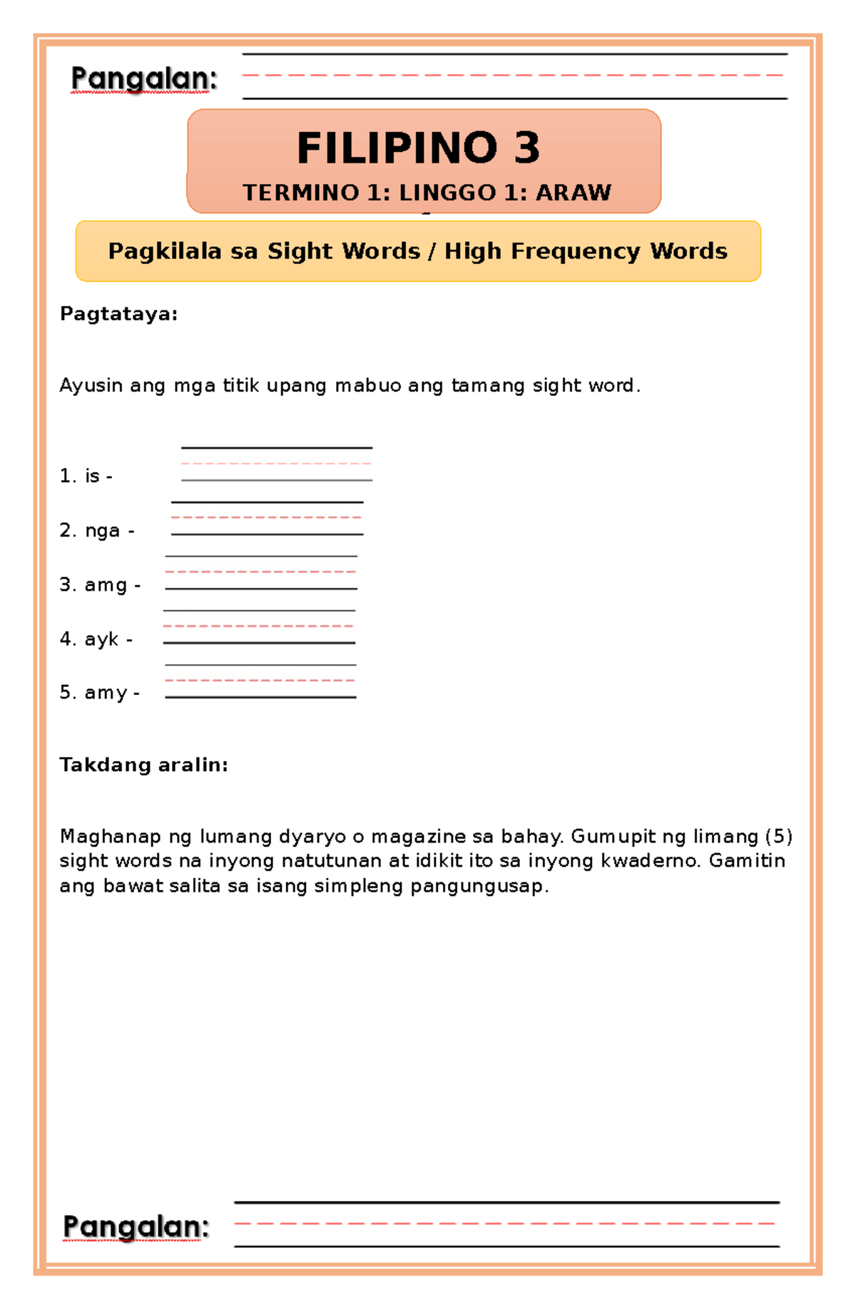 FILIPINO 3 TERMINO 1: LINGGO 1 - HIGH FREQUENCY WORDS ACTIVITIES - Studocu