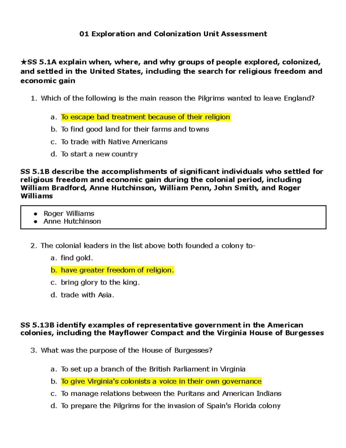 Exploration and Colonization Unit Assessment - SS 5.1A to 5.9B - Studocu
