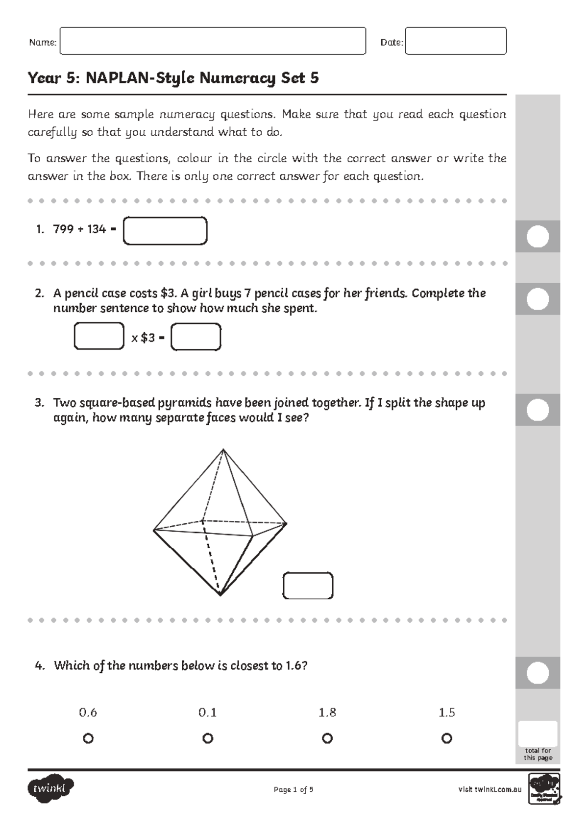 Year 5: Numeracy Sample Exam Questions Set 5 (NAPLAN Style) - Studocu