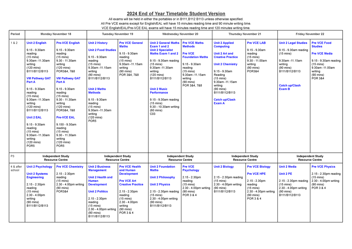 2024 End of Year Exam Timetable (Week 7) - Student Version - Studocu