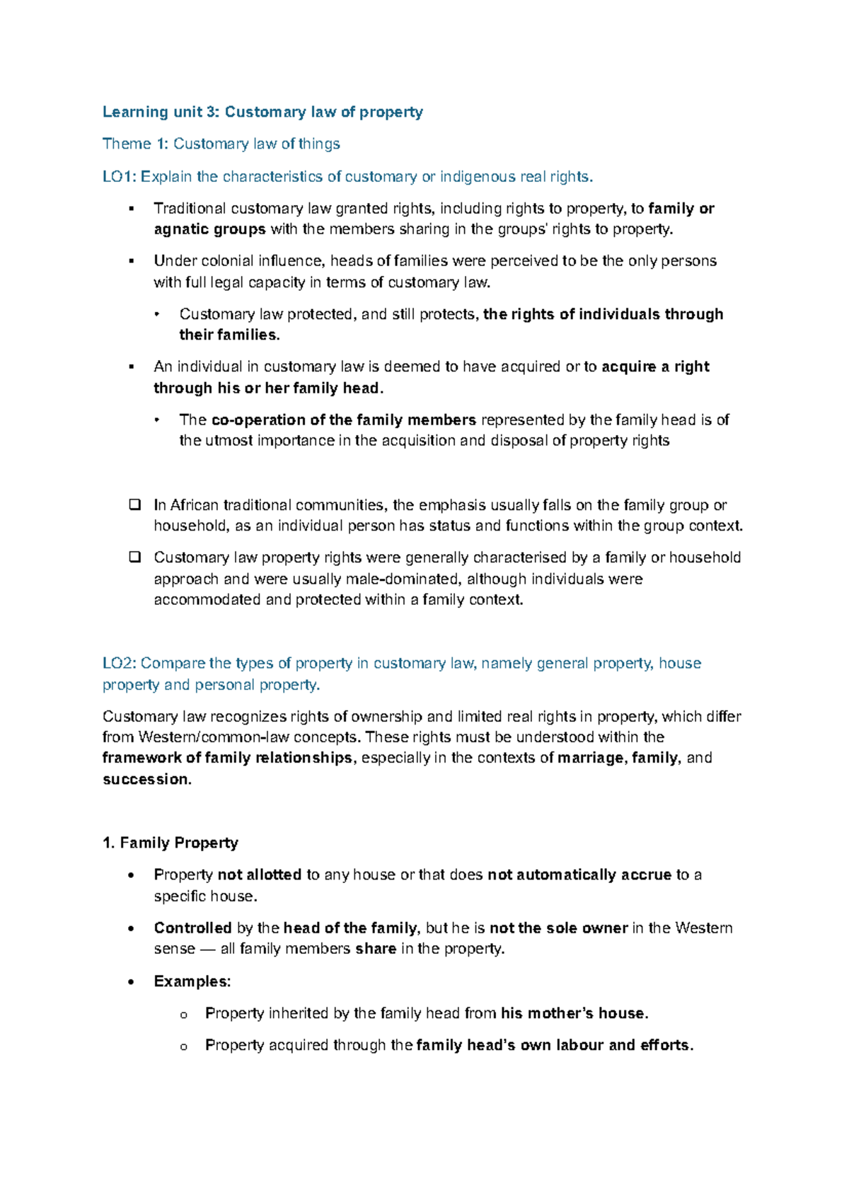 Learning Unit 3: Customary Law of Property and Rights Analysis - Studocu