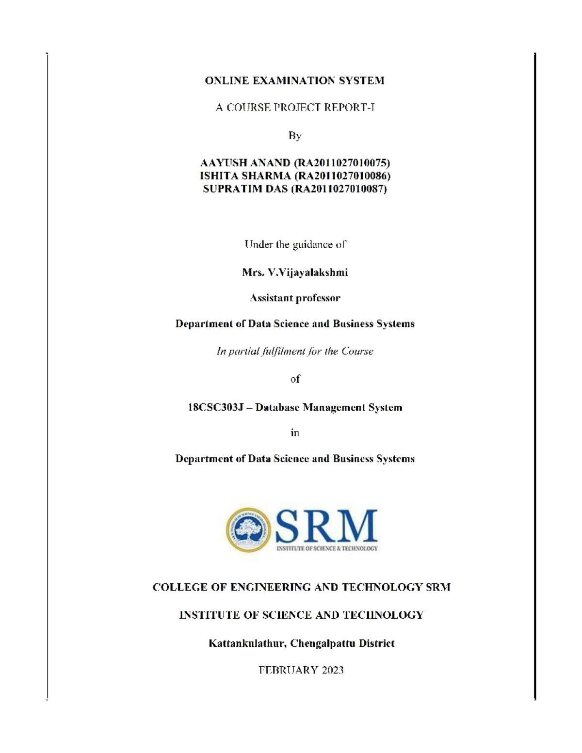 Online Examination System Mini Project Report - DBMS - Studocu