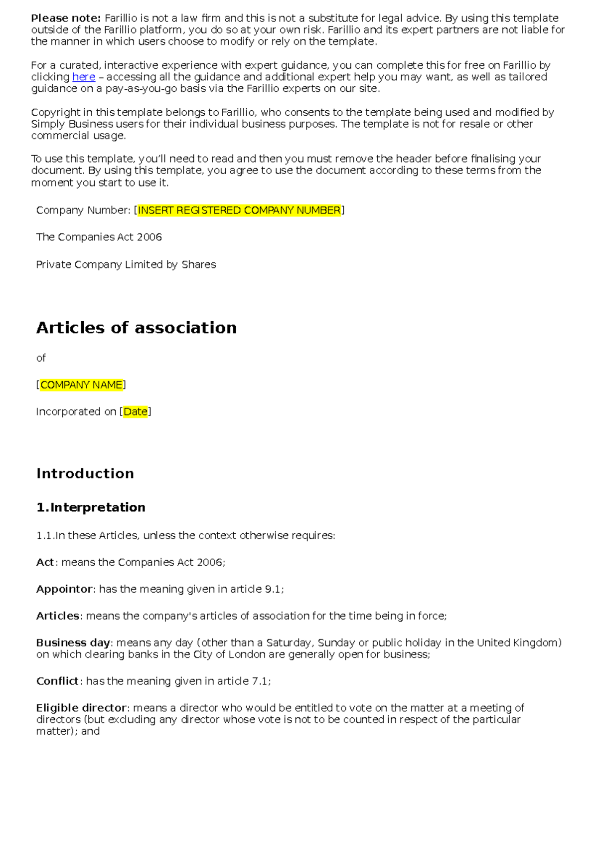 Memorandum and Articles of Association Template - Free Download - Studocu