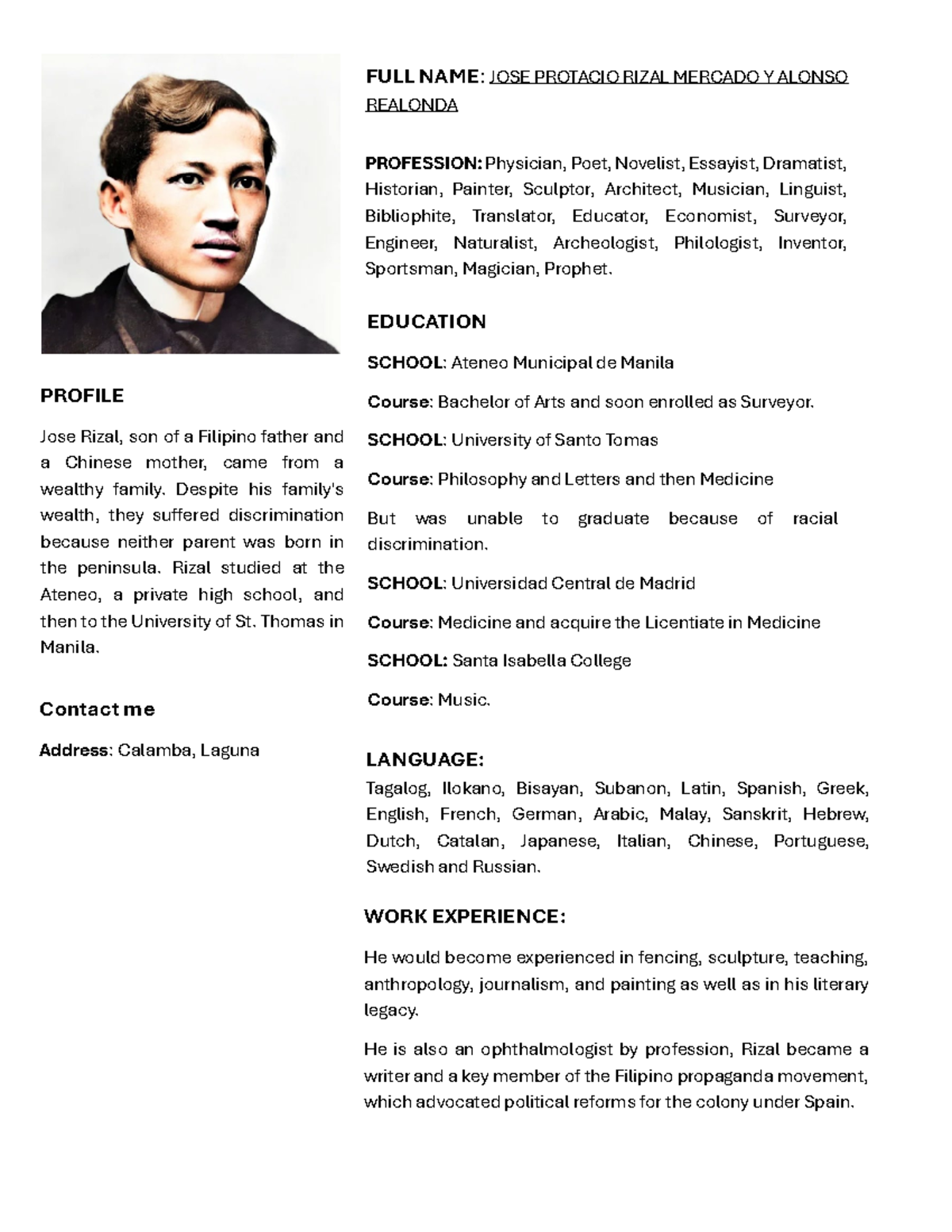 Jose Rizal: A Comprehensive Profile and Accomplishments - Studocu