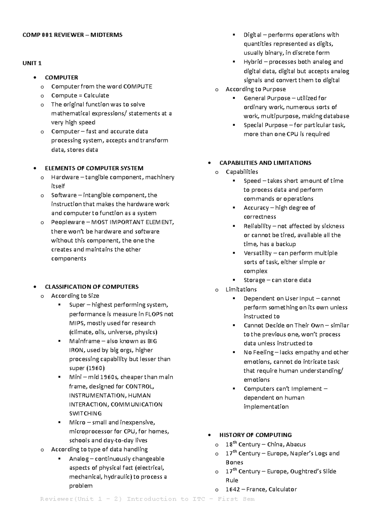COMP 001 Midterm Reviewer: Computer History, Types, and Data ...