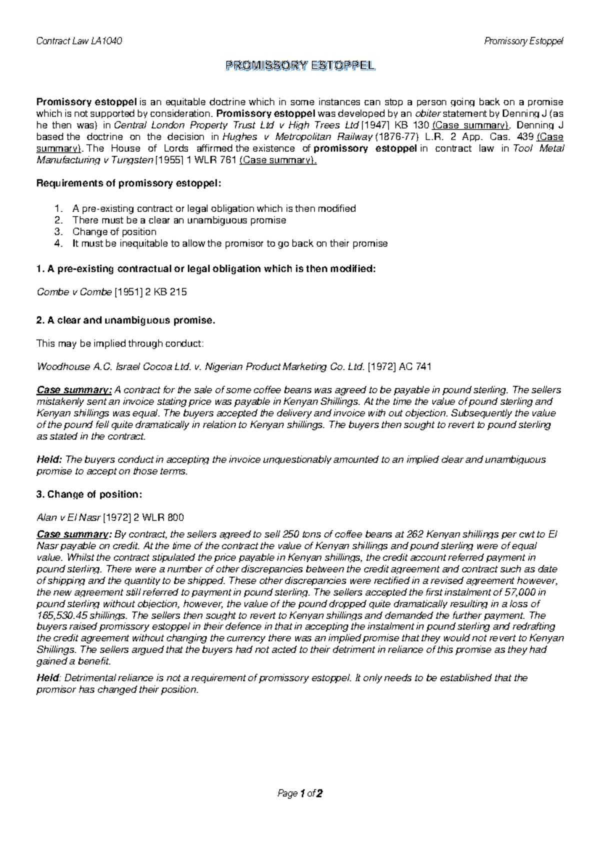 Contract Law LA1040: Promissory Estoppel Case Summaries and Notes - Studocu